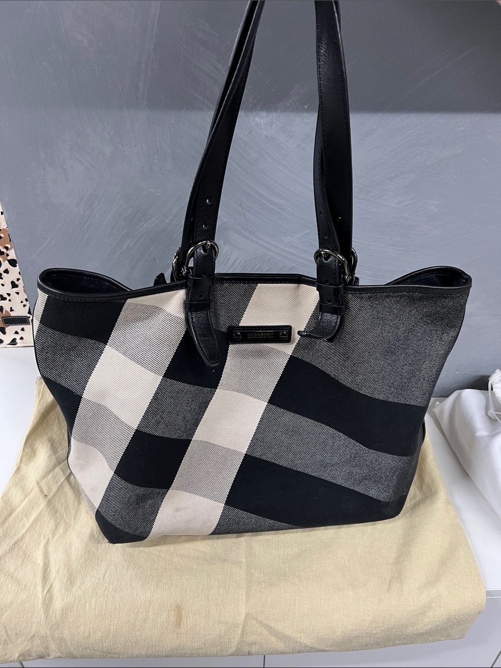 Burberry Black and Cream Check Canvas Tote with Leather Straps